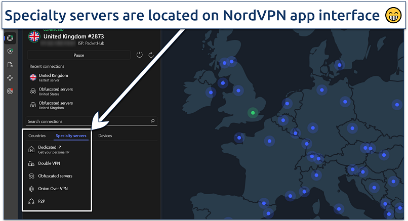 Screenshot of NordVPN's Windows app highlighting the specialty servers