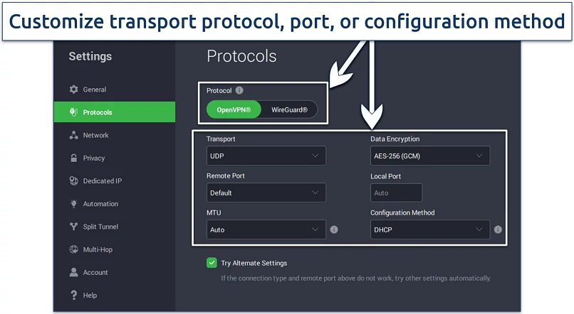 Screenshot of PIA's Windows app showing customizable security features