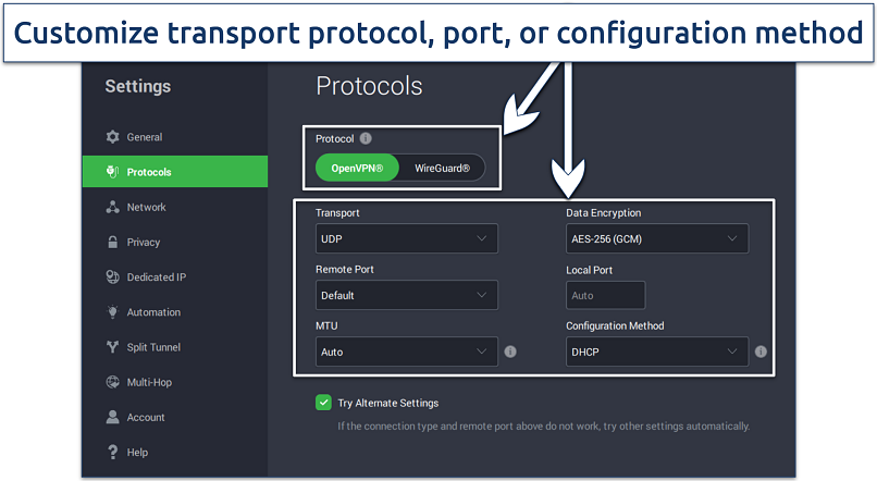 Screenshot of PIA's Windows app showing customizable security features