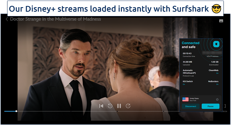 Screenshot of ExpressVPN USA-New York server streaming Doctor Strange in the Multiverse of Madness