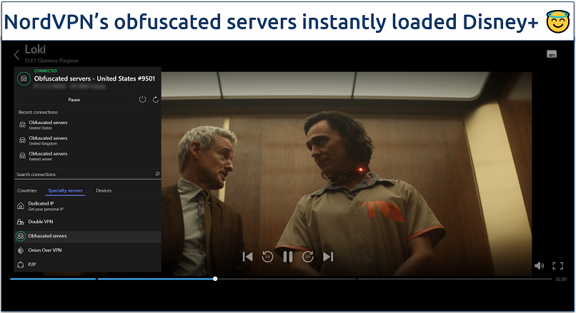 Screenshot showing NordVPN streaming of Loki season 1 with a US obfuscated server connected