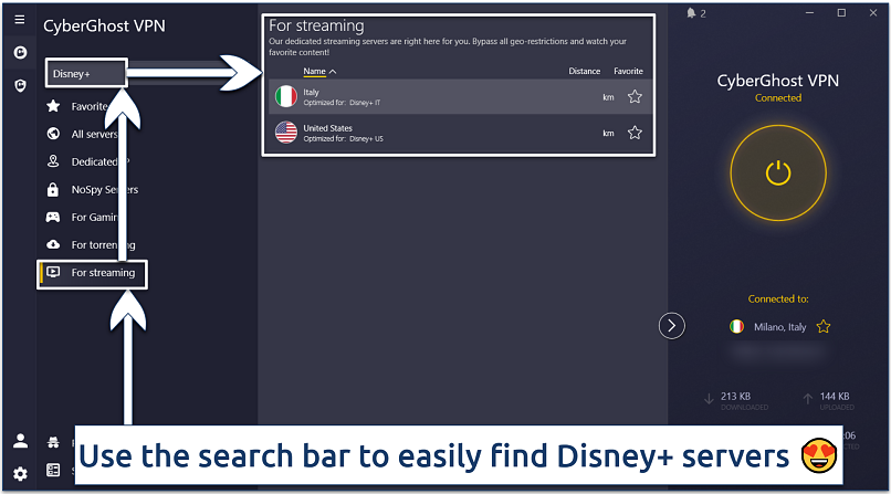 Screenshot of the CyberGhost app interface showing streaming servers