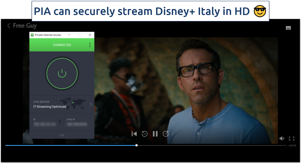 Image showing PIA's Italian streaming server streaming Free Guy on Disney+ Italy