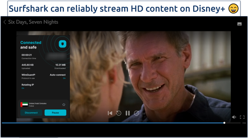 Screenshot of the Surfshark showing Six Days, Seven Nights streaming on Disney+ US
