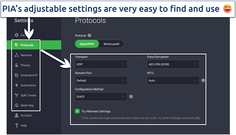 Screenshot of the PIA app showing protocol settings with OpenVPN highlighted