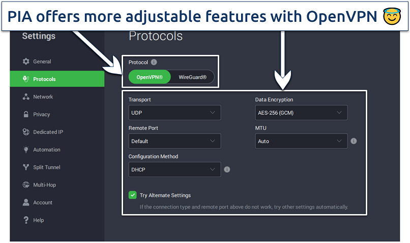 Image showing PIA's Windows app interface with Protocols settings open