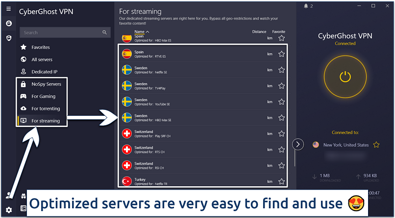 Screenshot of the CyberGhost app interface showing streaming servers