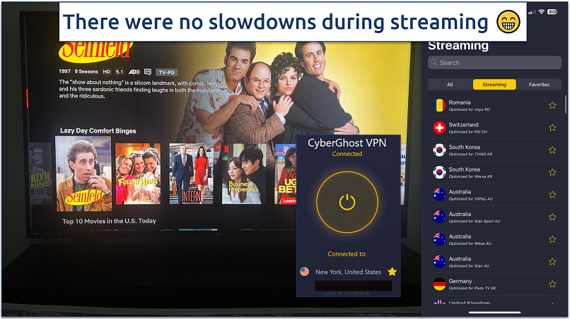 Screenshot of Seinfeld showing on Netflix with CyberGhost connected to a server in New York