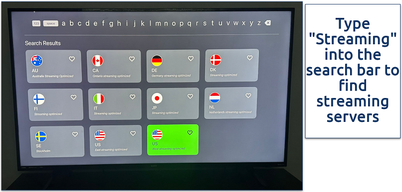 Screenshot of PIA streaming servers for different countries