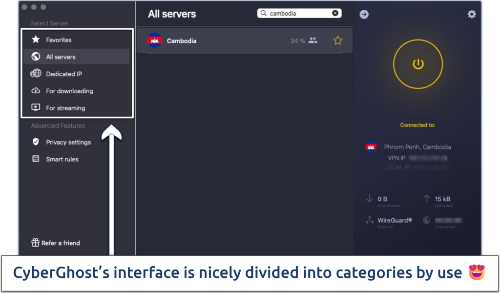 Screenshots of the CyberGhost macOS app with its division into categories highlighted