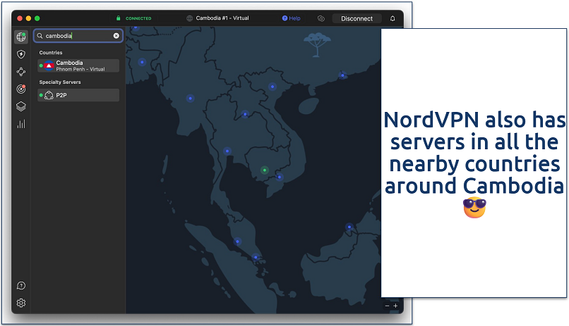 Screenshots of the NordVPN macOS app showing its server network in and around Cambodia