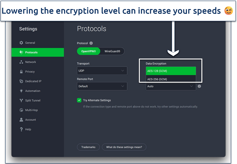 Screenshots of the PIA macOS app with its encryption settings displayed
