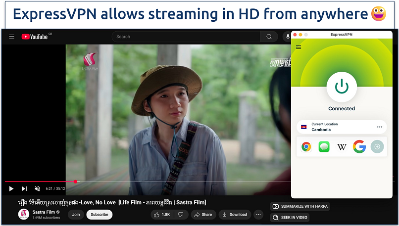 Screenshots of streaming Love, No Love: a Cambodian Sastra Production Film on YouTube while connected to the ExpressVPN Cambodia server
