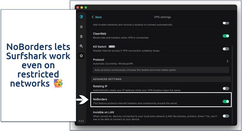 Screenshots of the Surfshark macOS app with its VPN Settings panel