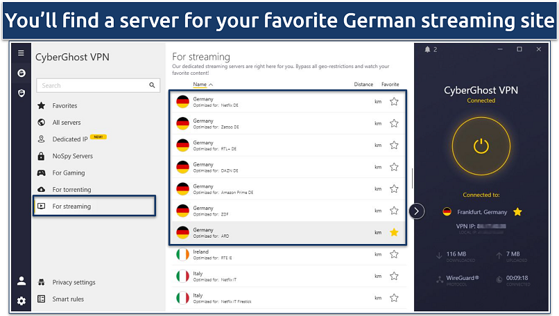 Screenshots showing CyberGhost's specialty servers optimized for various German streaming platforms