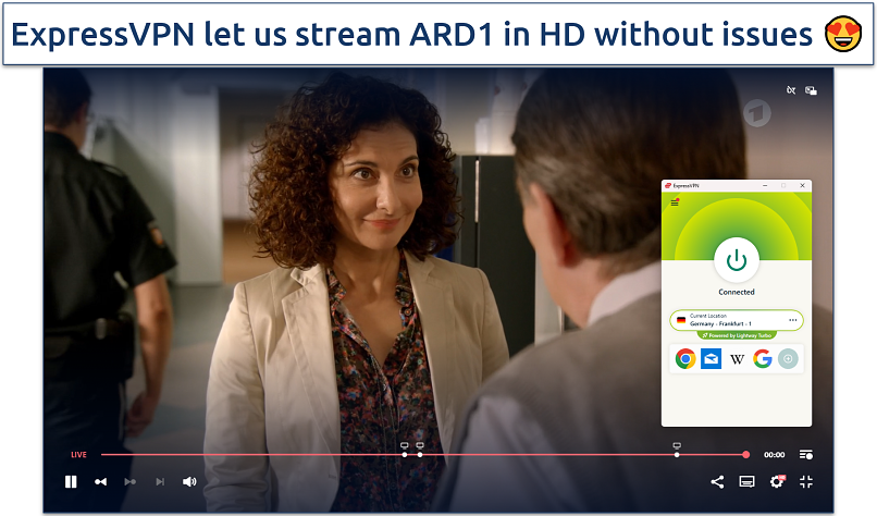 Screenshots showing Morden in Norden playing live on ARD1 while connected to the ExpressVPN Frankfurt server