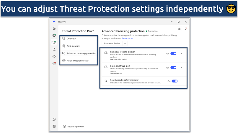 Screenshots showing NordVPN's Threat Protection Pro customization options