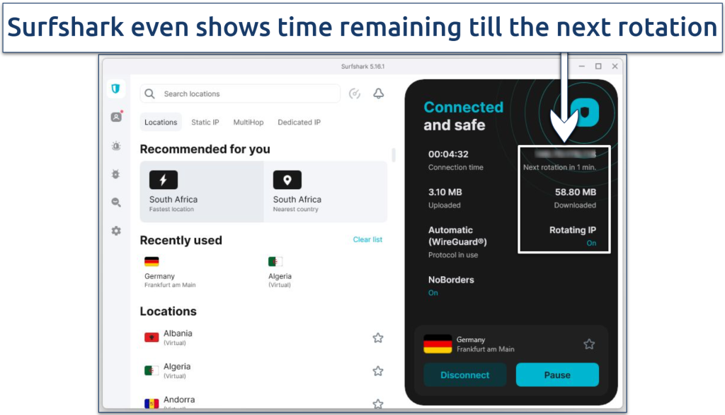 Screenshots showing Surfshark connected to a Frankfurt server with Rotating IP enabled