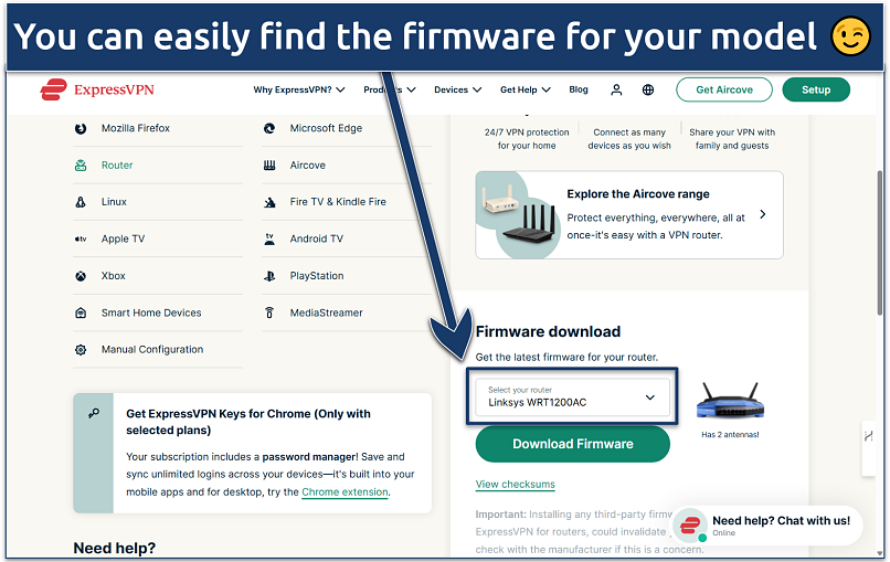 Screenshot of the ExpressVPN website account dashboard with the router firmware download page