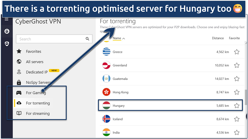 Screenshot of CyberGhost’s torrenting-optimized servers with Hungary selected