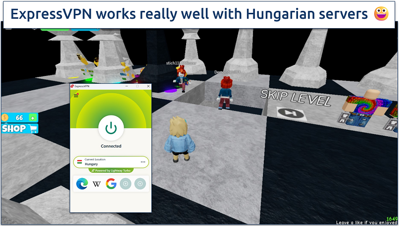 Screenshot of ExpressVPN connected to a server in Hungary while playing an online game