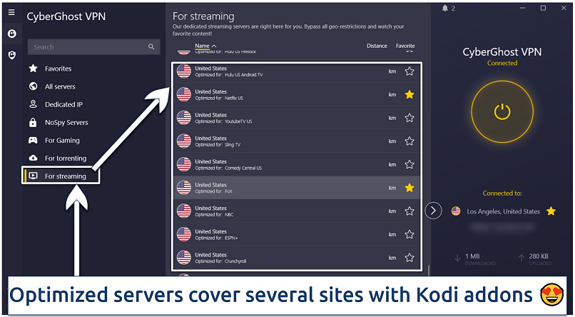 Screenshot of the CyberGhost app interface showing the streaming servers