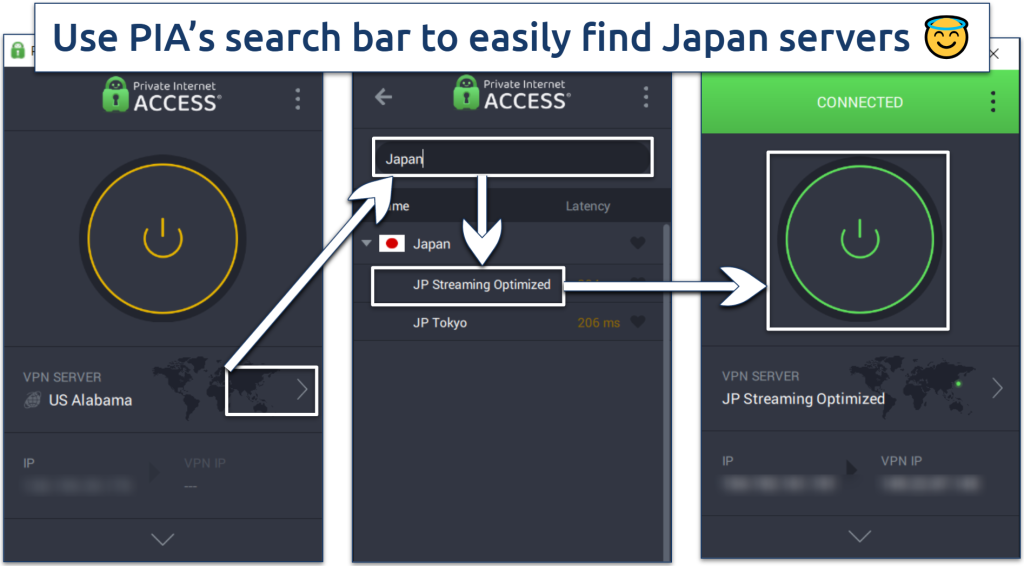 Image showing PIA's Windows app interface with the Japanese servers list and the VPN connected to the JP streaming server