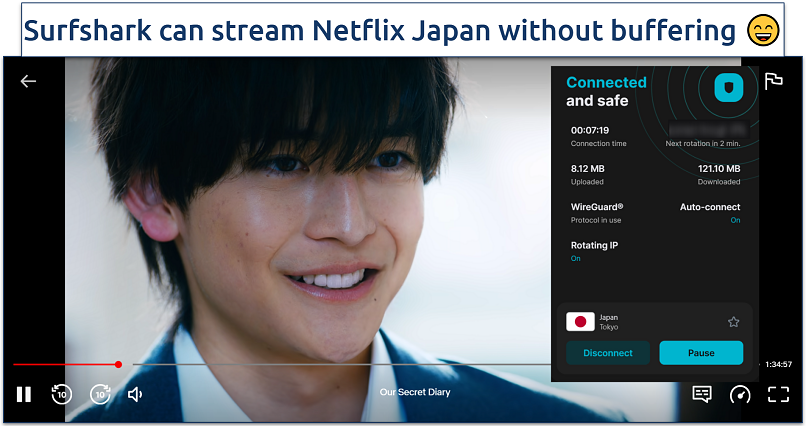 Screenshot of the Surfshark streaming Our Secret Diary with Tokyo server connected