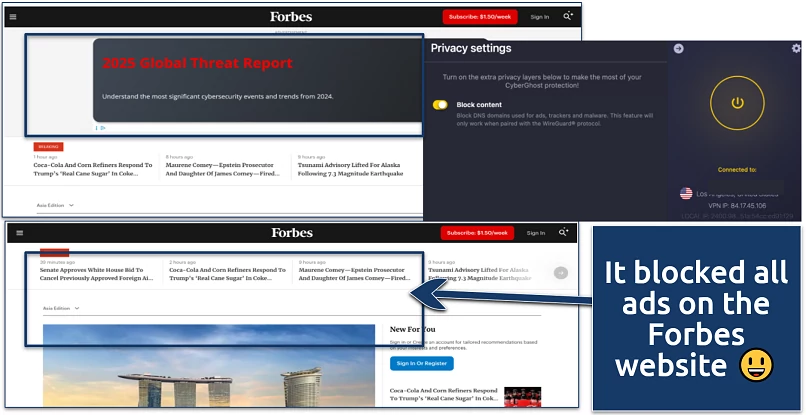 CyberGhost VPN privacy settings with content blocking enabled and comparison of the Forbes site with and without ads