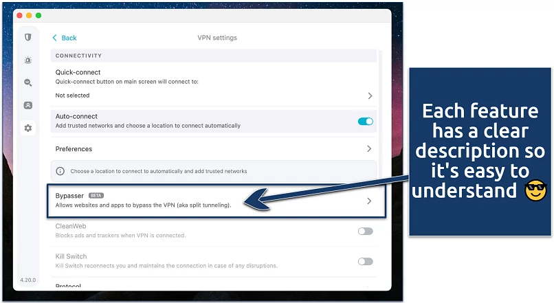 Screenshot of NordVPN’s settings showing some of its features