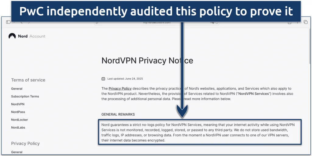 Screenshot of NordVPN's Privacy Notice highlighting its no-logs policy