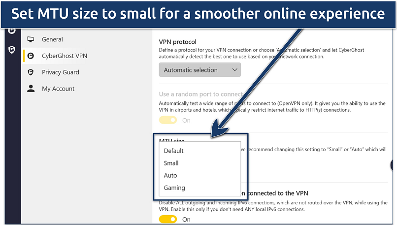 Screenshot showing CyberGhost's MTU size options
