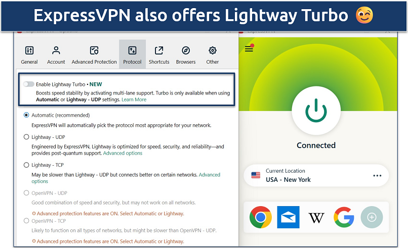 Screenshot showing the ExpressVPN security protocols