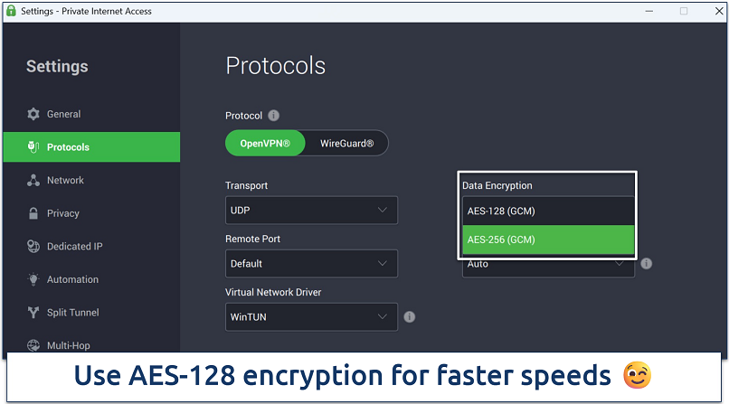 Screenshot showing PIA's security settings