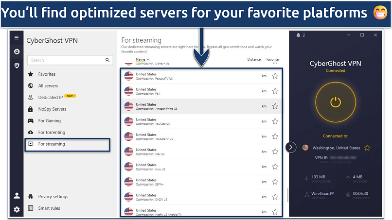 Screenshots showing some of CyberGhost's streaming-optimized servers in the US
