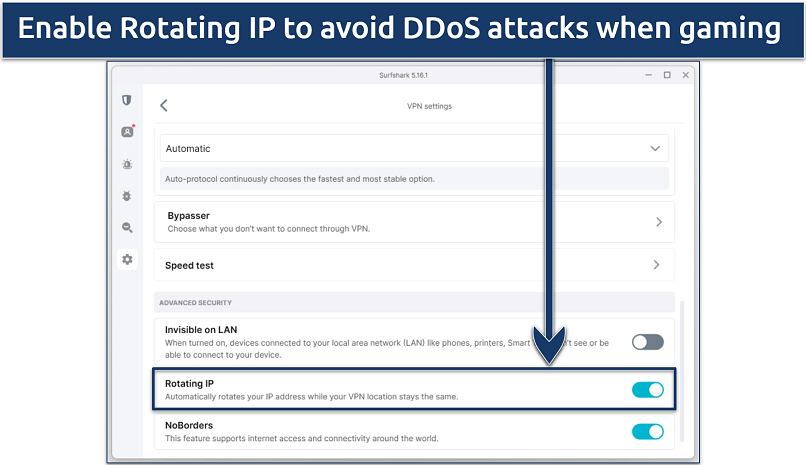 Screenshots showing how to enable Rotating IP on Surfshark's Windows app