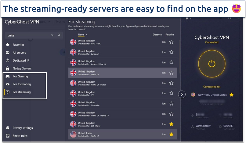 Screenshot of the CyberGhost app with optimized servers