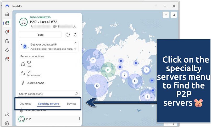 Screenshot of the NordVPN app connected to Israel P2P servers