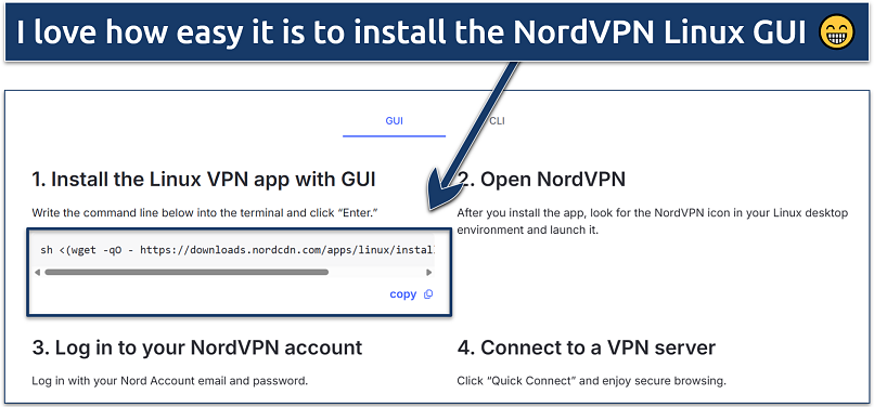 Screenshot of NordVPN's installation instructions for its Linux GUI on its website