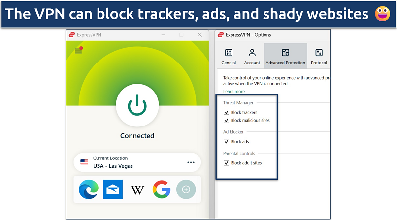 Screenshot of ExpressVPN's Windows app connected to a Las Vegas server highlighting its Threat Manager settings