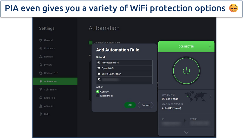 Screenshot of PIA's Windows app connected to a Las Vegas servers while adjustments are made to the Automation Rules