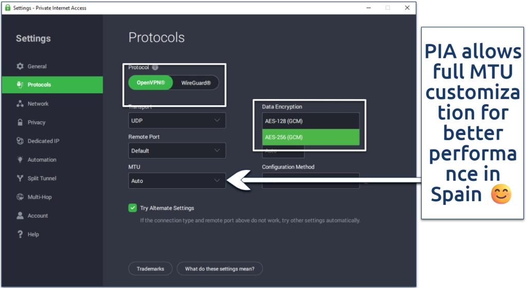 Private Internet Access settings window showing protocol selection, encryption options, and MTU configuration