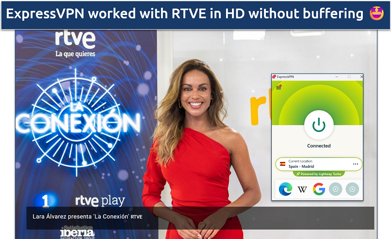 A screenshot of RTVE streaming with ExpressVPN connected to a Madrid server