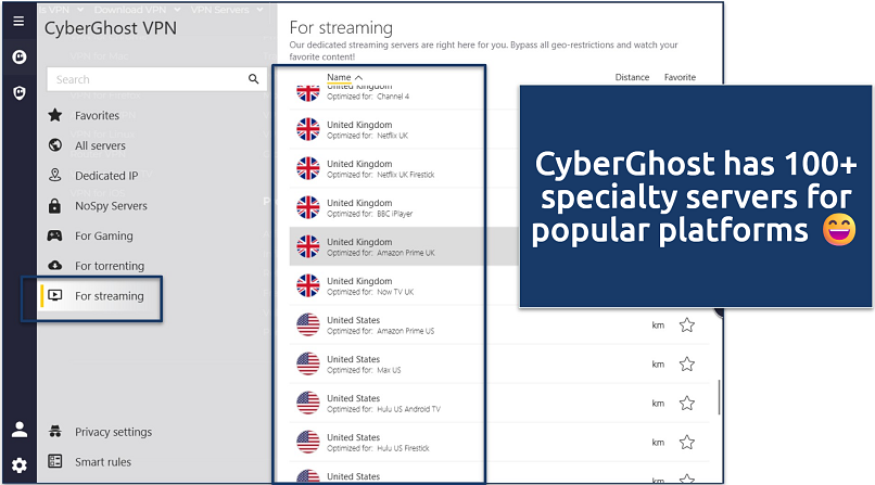 Screenshot showing that CyberGhost offers streaming-optimized servers