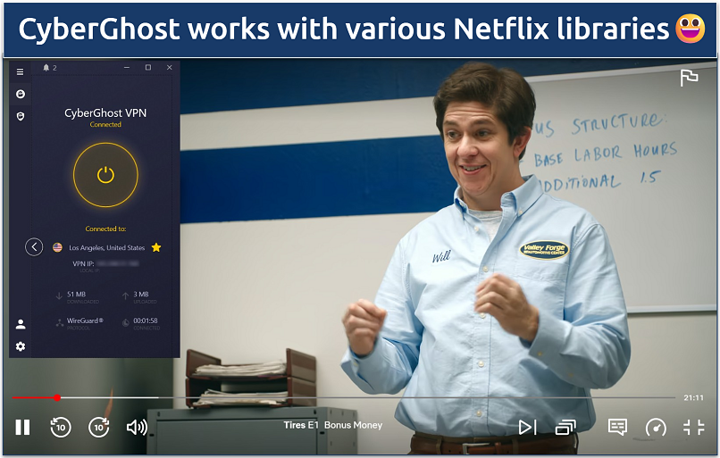 Screenshot of streaming Tires on Netflix while Connected to CyberGhost's Netflix US server