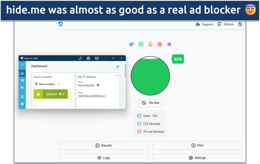 Screenshot of the results of an ad-blocking test while connected to a hide.me server