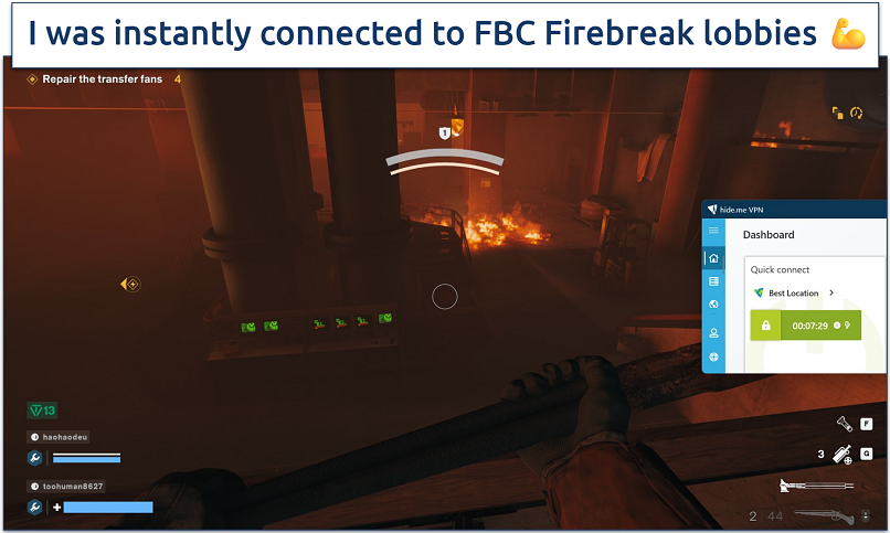 Screenshot of playing FBC Firebreak while connected to a hide.me server