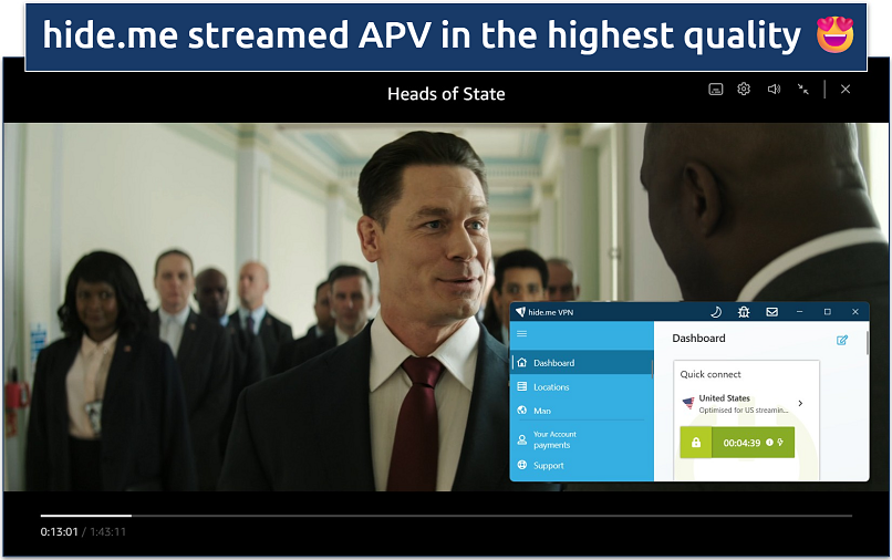 Screenshot of streaming Heads of State on Amazon Prime Video while connected to Hide.me's US streaming server