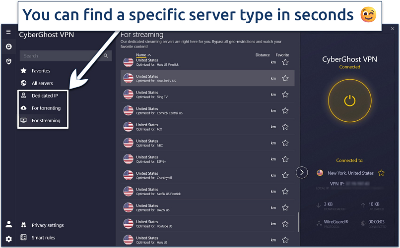 Screenshot of CyberGhost's Windows app interface with its server selection process