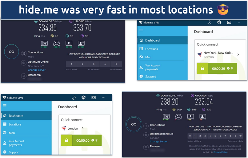 Screenshot of speed test results while connected to hide.me's New York and London servers
